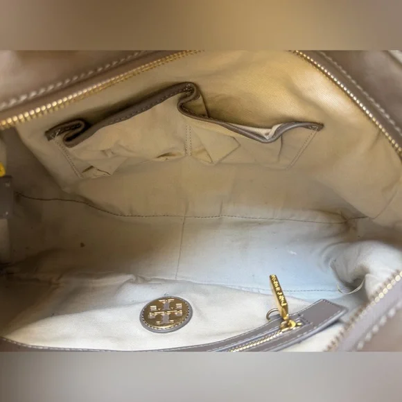 Tory Burch Taupe Leather Satchel with Gold Clasp - Picture 10 of 16